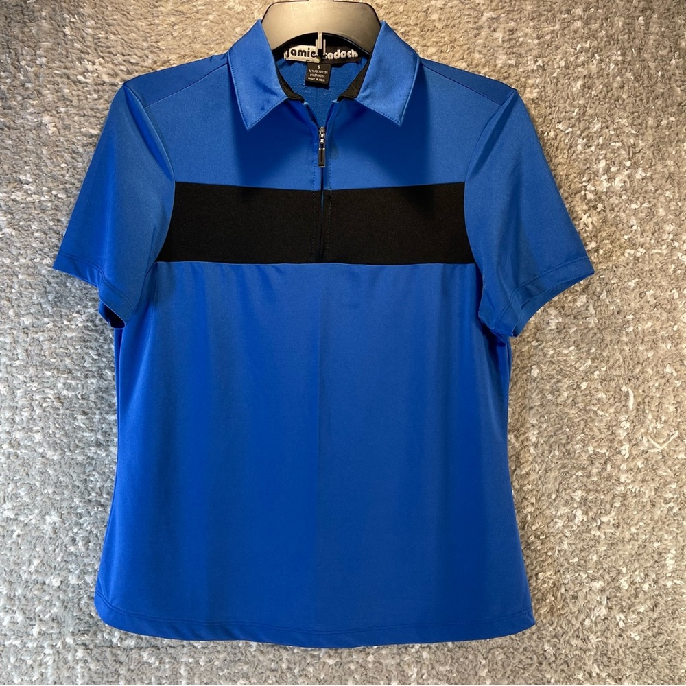 Jamie Sadock Women Polo Shirt Blue Black Small Polyester Short Sleeve 1/4 Zip